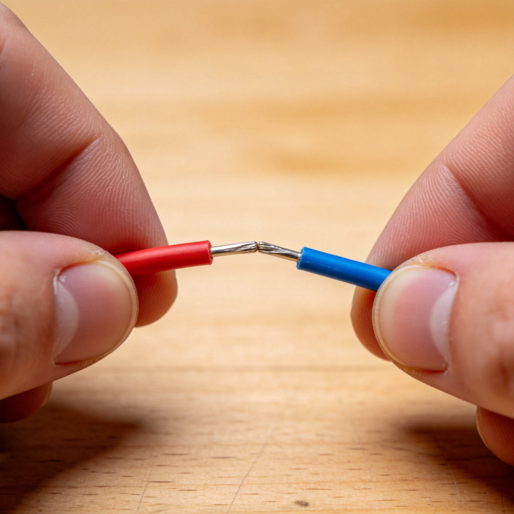 A close-up view of two hands, one holding a red wire and the other holding a blue wire. The hands are bringing the bare metal ends of the wires together to touch, against a plain wooden workbench. The focus is on the point where the two wires are about to be joined. No text or tools visible.