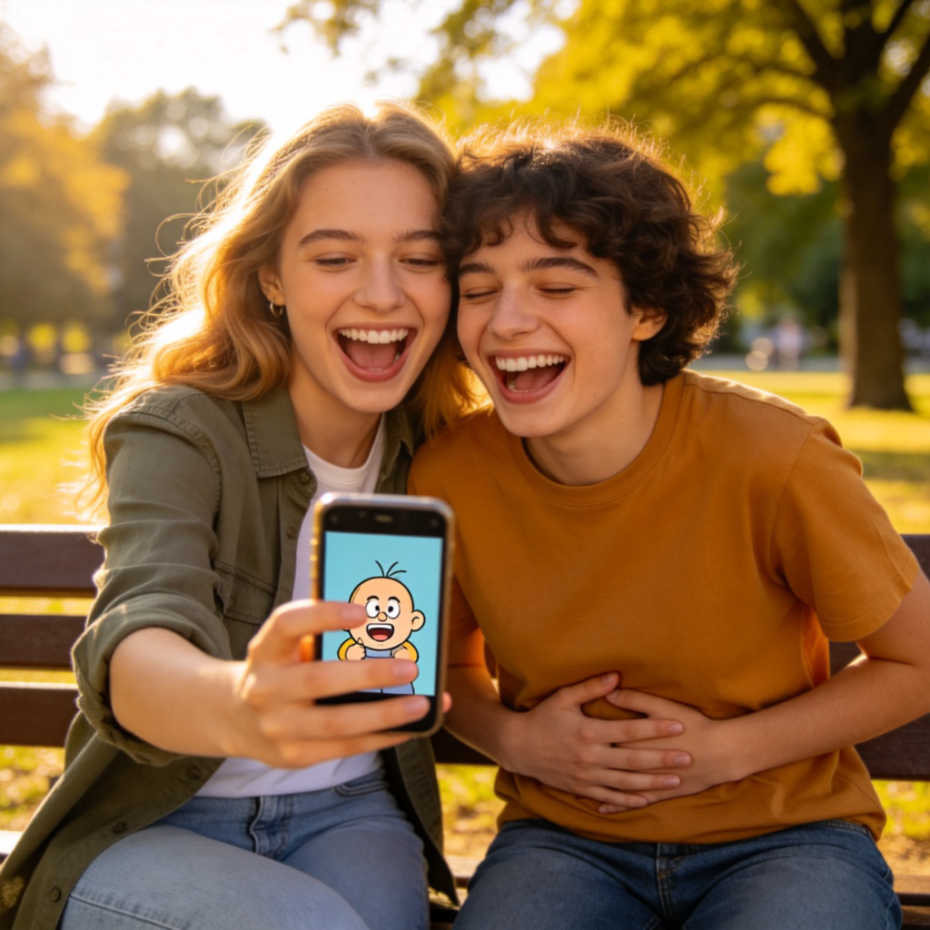 Two young friends sitting on a park bench, leaning close together. One is smiling widely while speaking, the other is holding their stomach, laughing with eyes closed. They are looking at a smartphone screen displaying a cartoon meme. Bright natural lighting, focus on their joyful expressions and interaction. No text on the phone screen.