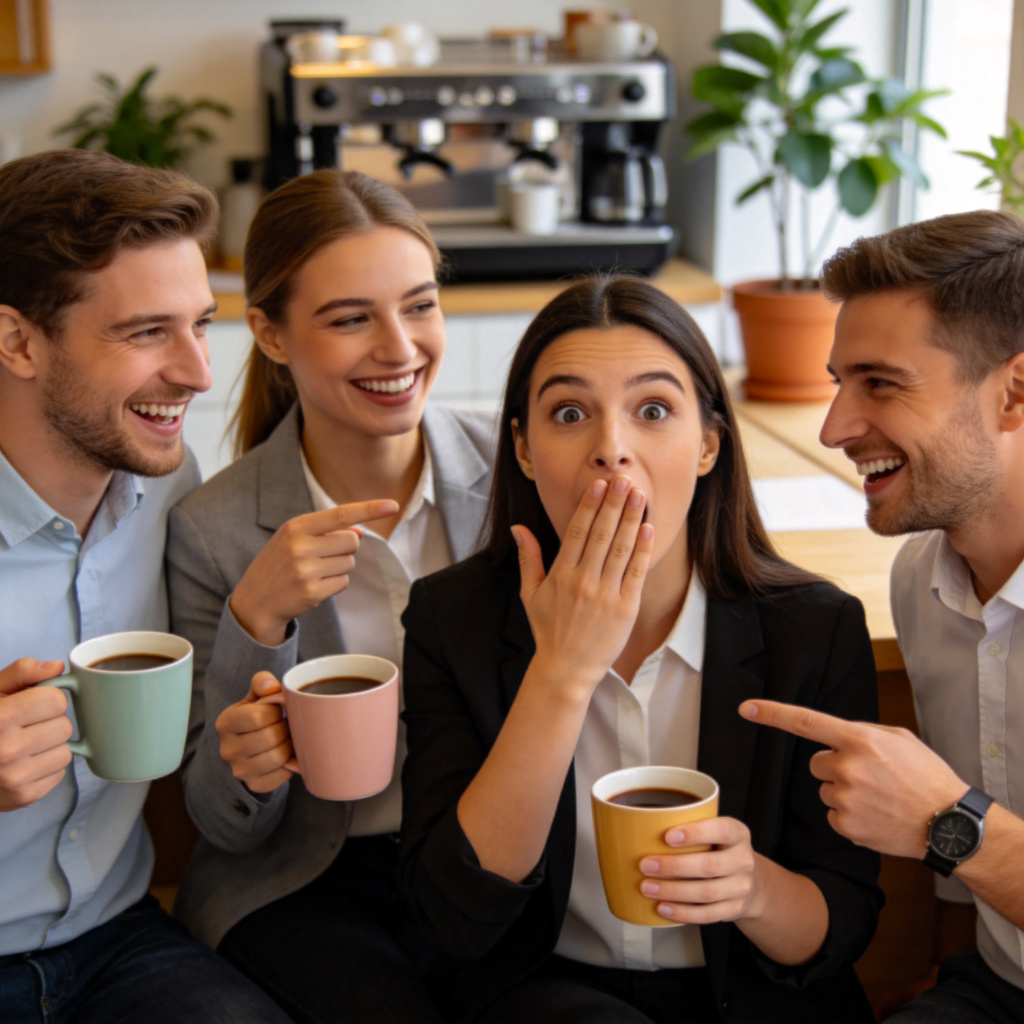 A group of four colleagues in a modern, casual office break room. One person is pretending to look shocked with a hand over their mouth, while the others are smiling or chuckling, pointing playfully. They are holding coffee mugs. The atmosphere is relaxed and warm. Clear, well-lit office setting.