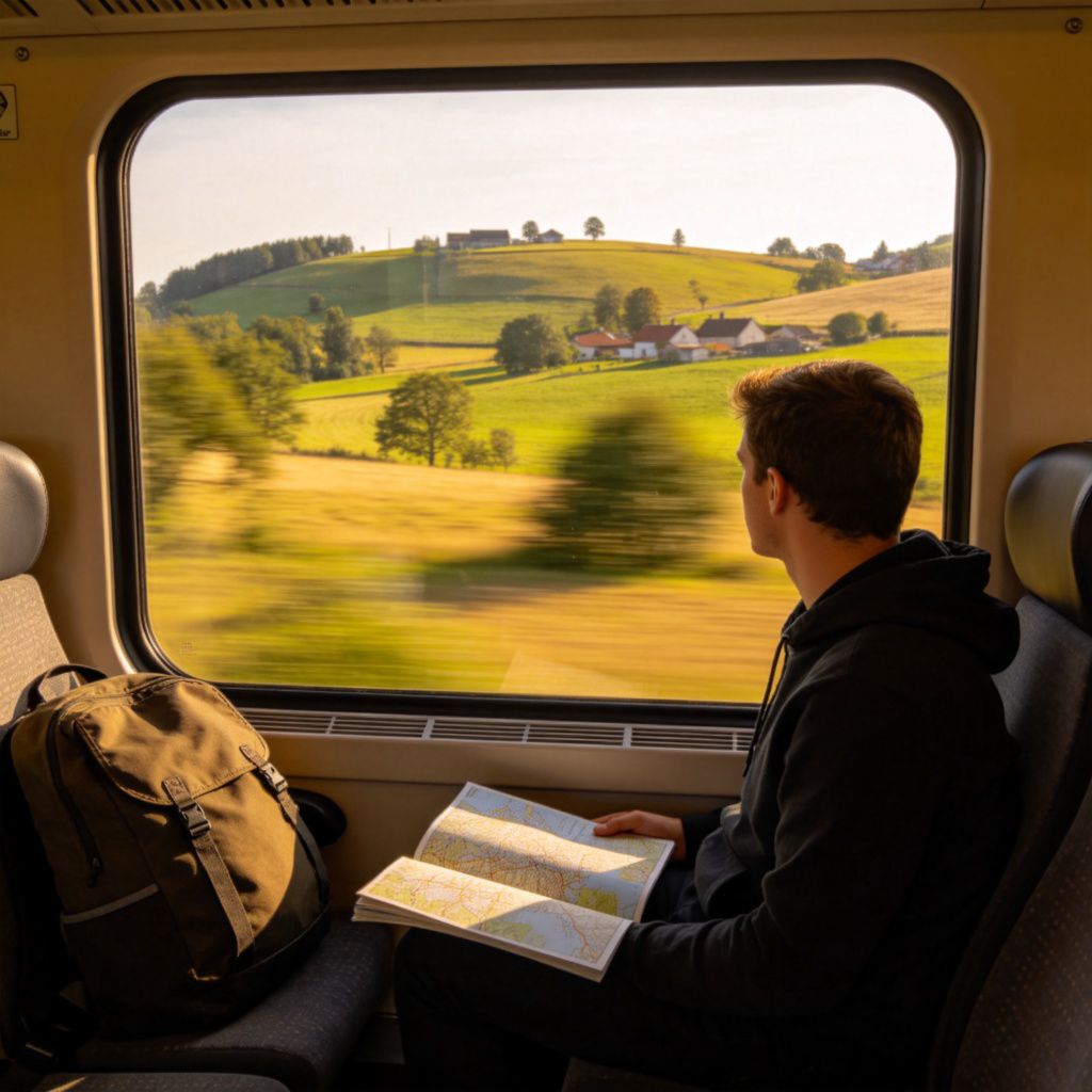 A person looking out of a train window at passing countryside landscapes. A backpack is on the seat beside them, and a physical map is open on their lap. The scene feels calm and focused on the movement and the view outside. No text.