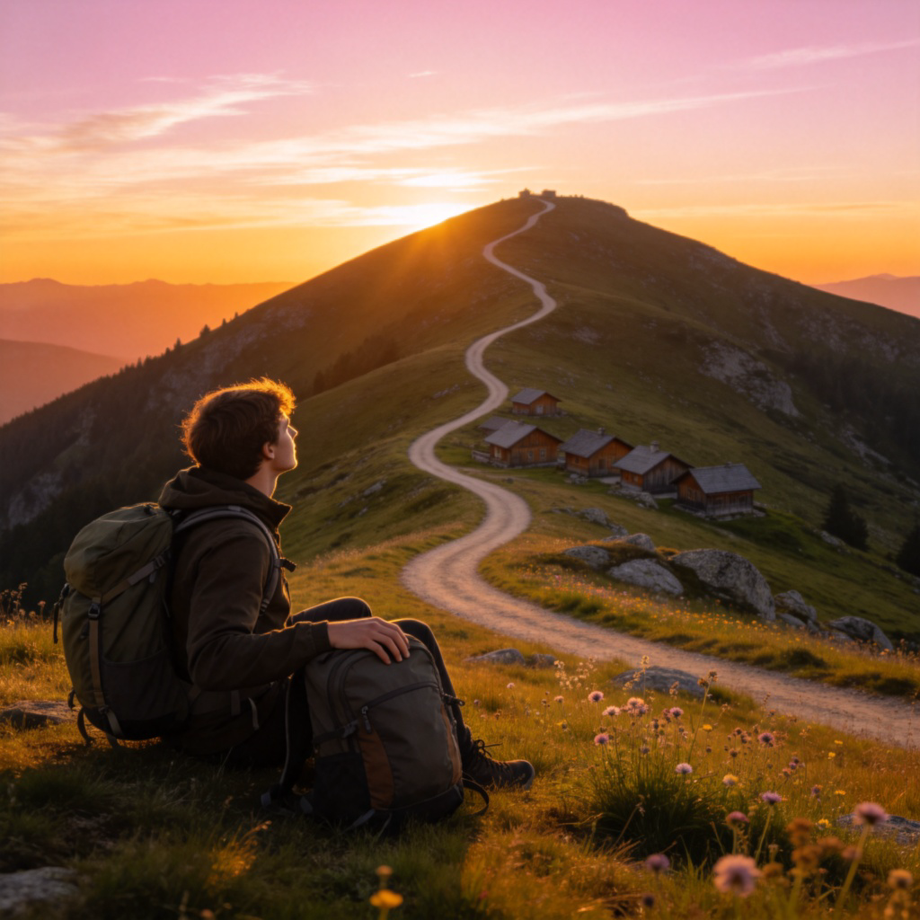 A person sitting on a hilltop at sunset, looking back at a winding path leading up from a small village below. The person has a backpack and looks thoughtful. The image symbolizes reflection on a personal journey of growth. No text.