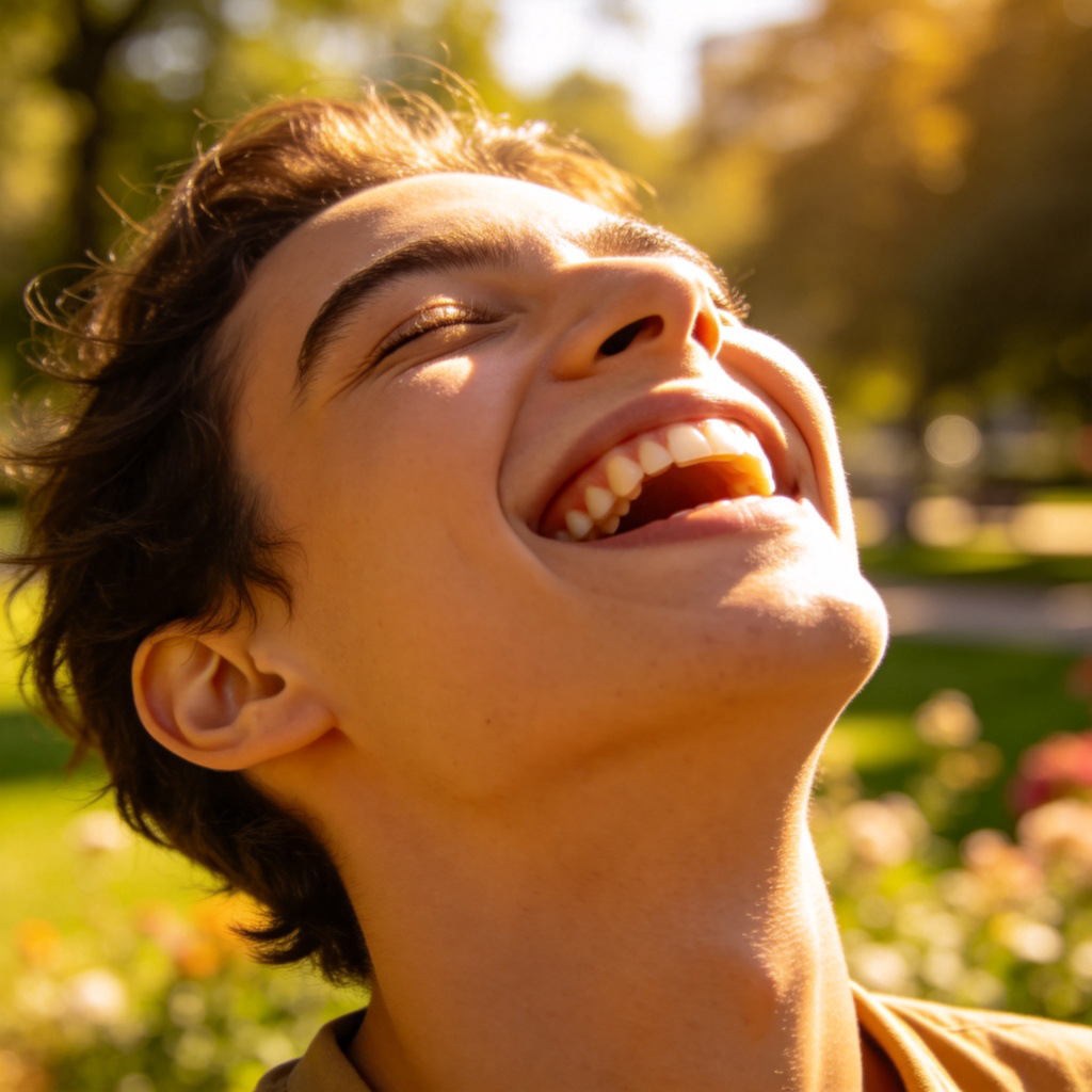 Joy 情感图解：人物在阳光下开怀大笑的幸福场景