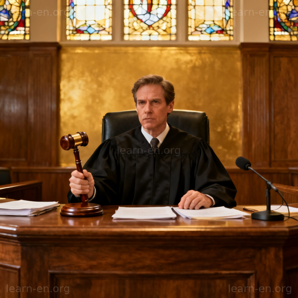 Judge as judicial officer in courtroom with gavel