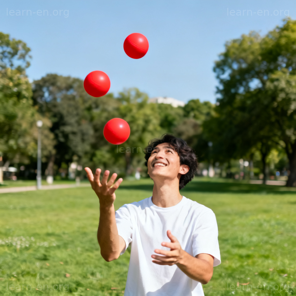 juggle 图解：公园中一人抛接三个红球的杂耍表演