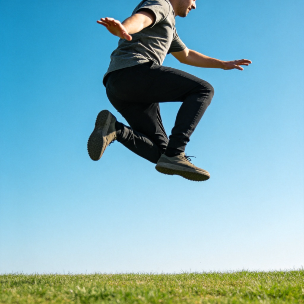 A person in mid-air, jumping with legs bent and arms outstretched, against a clear blue sky. Dynamic motion, side view, natural lighting, focus on the action of jumping. Background is simple with green grass. No text, realistic photo style.