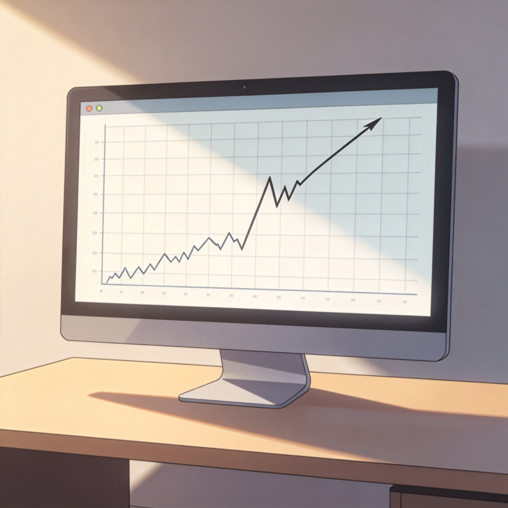 A line graph on a computer screen showing a sharp upward spike, representing a sudden jump in data like stock prices. Modern office setting with a desk, clean background, focus on the graph. No text, realistic illustration style.