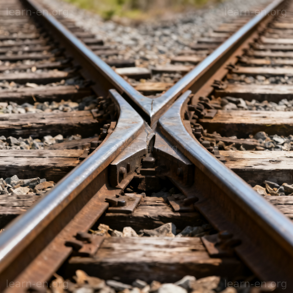 Junction illustration of a detailed railway track connection point and switch.