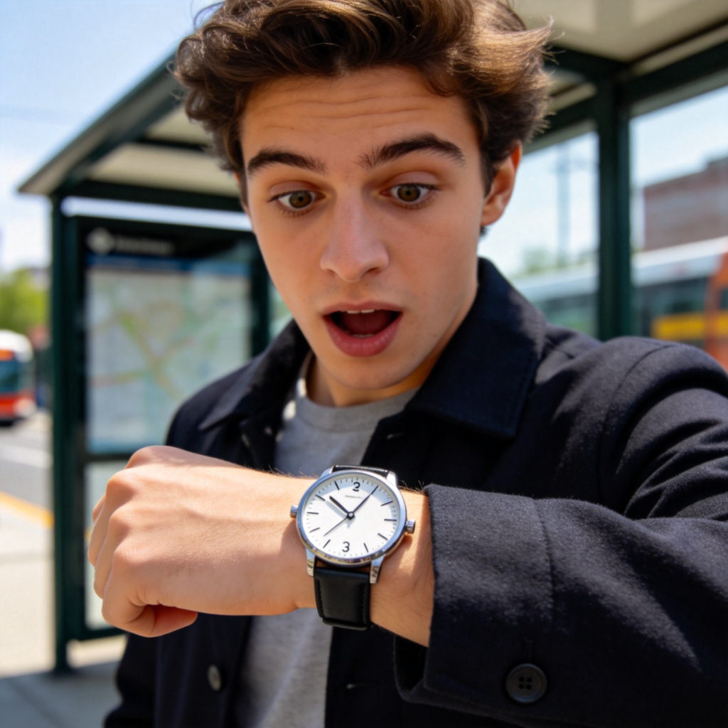 A person looking at their wristwatch, with the clock hands pointing exactly to 3 o'clock. The person's expression shows a mix of surprise and satisfaction, standing at a bus stop. Clear daylight, sharp focus on the watch face and the person's eyes. No text or numbers visible besides the clock hands.