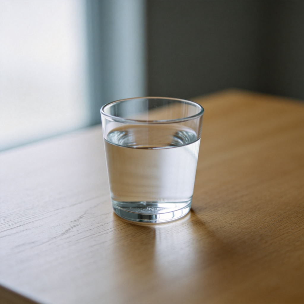 A close-up of a single, clear glass of water on a plain wooden table. The rest of the table is completely empty, emphasizing that there is only this one item. Soft natural light from a window. No other objects, people, or text in the frame.