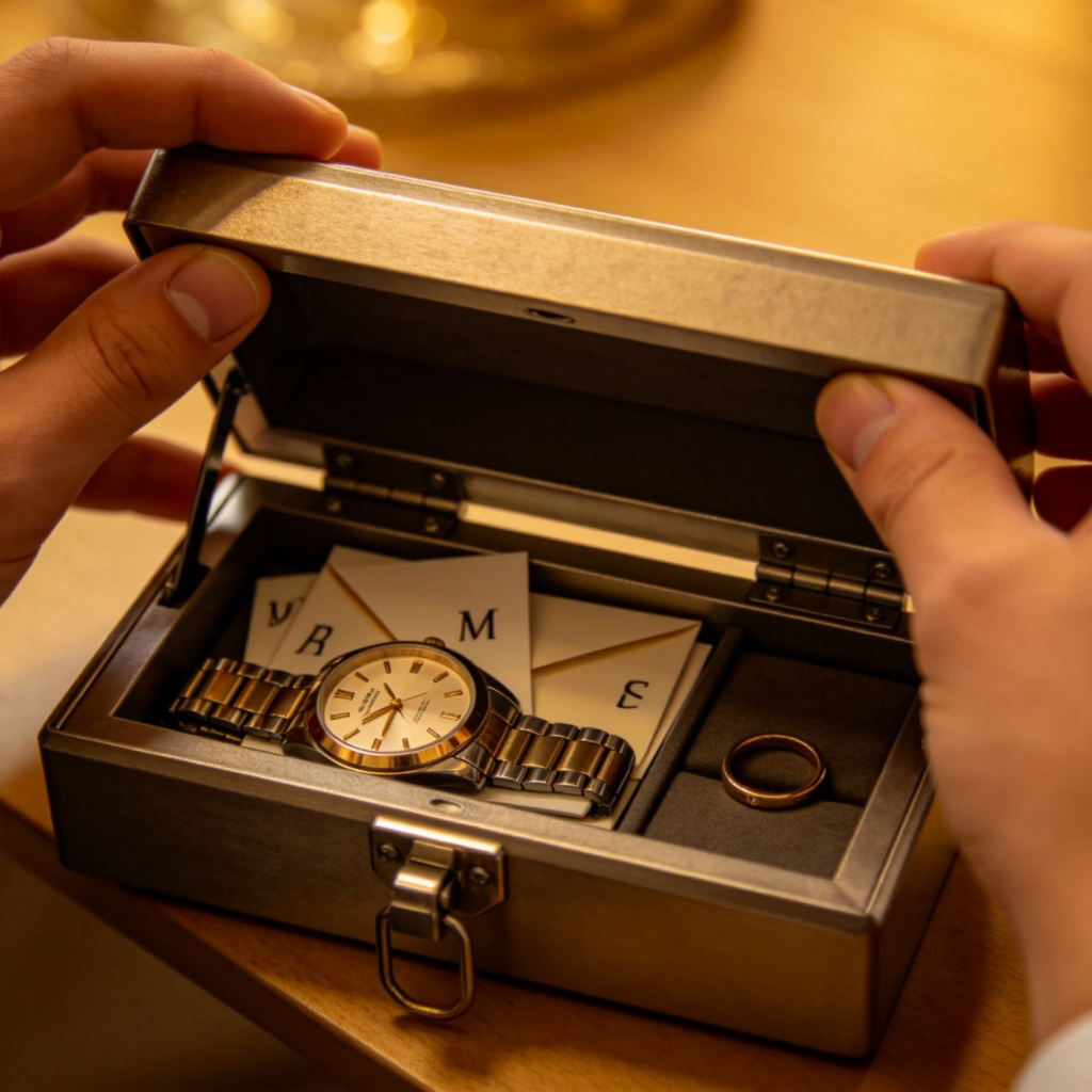 A person's hands opening a small, sturdy metal safe box. Inside, there are a few precious items like a wristwatch, some letters, and a ring neatly arranged. The focus is on the act of safeguarding personal belongings. Warm indoor lighting, soft focus on the contents.