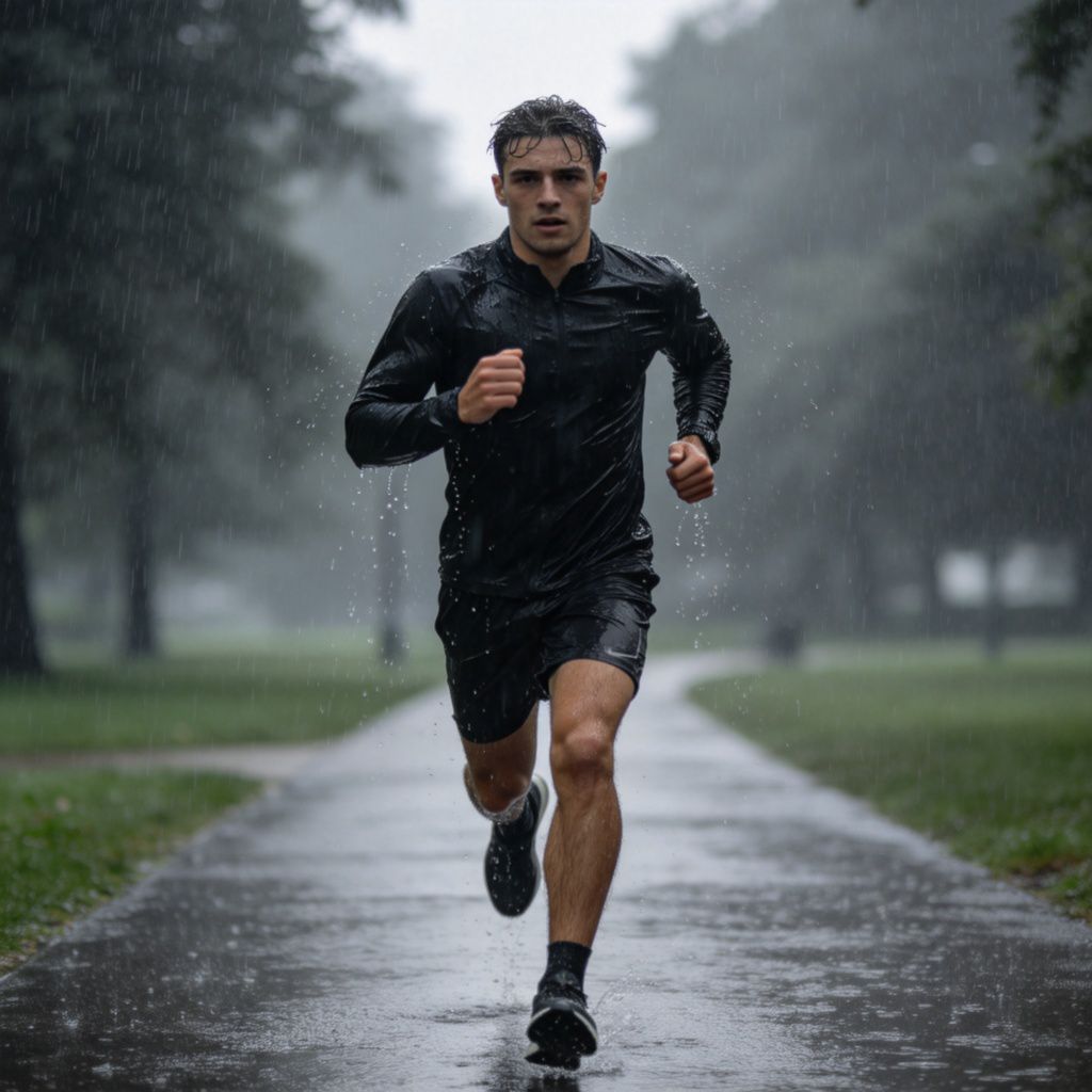 A determined runner in athletic gear continuing to jog along a wet park path in the rain. Water droplets are visible on their clothes and face. The motion is captured mid-stride, showing persistence and forward movement against the gray, rainy backdrop.