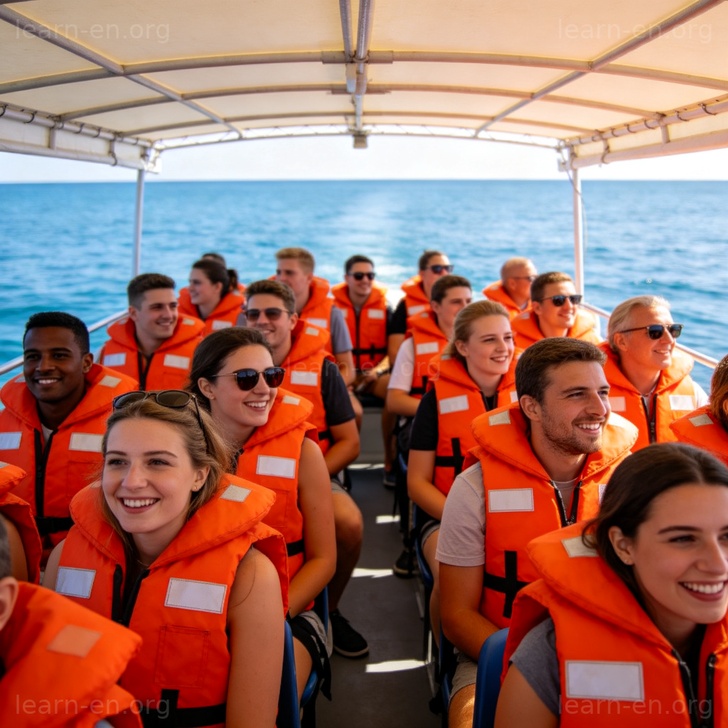 Keep your life jacket on at all times 图解：游客在观光船上穿着橙色救生衣