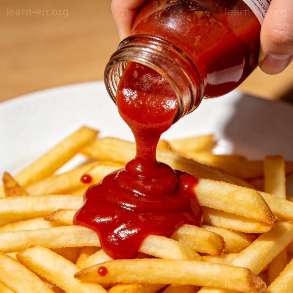 Bouteille de ketchup versant de la sauce tomate rouge sur des frites croustillantes