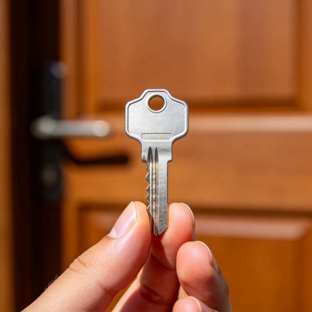 A close-up of a single, modern silver key held loosely between a person's thumb and forefinger against a plain, slightly blurred wooden door background. The key's teeth are clearly visible. Natural light, sharp focus on the key.