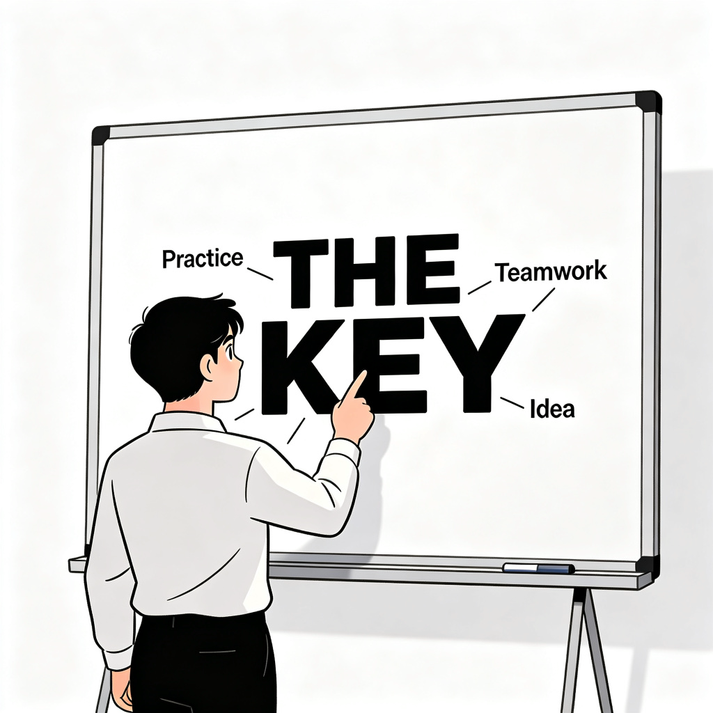 A person standing in front of a large whiteboard, pointing a finger at the center where the words "THE KEY" are written in large, bold letters. Around it are smaller connected ideas like 'Practice', 'Teamwork', 'Idea'. The person looks focused.
