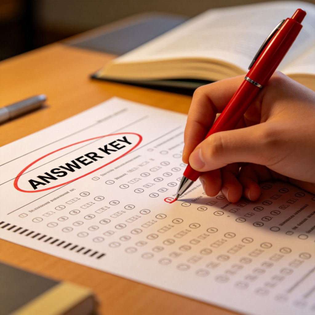 A close-up of a student's hand holding a red pen, circling the word "ANSWER KEY" printed at the top of a printed test paper. The paper shows multiple-choice questions. Desk and textbook in soft-focus background.