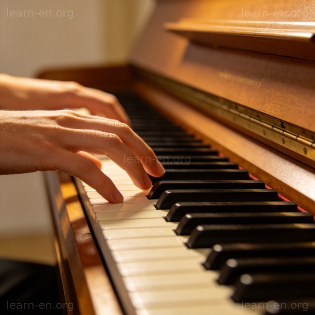 Piano keyboard close-up of hands playing