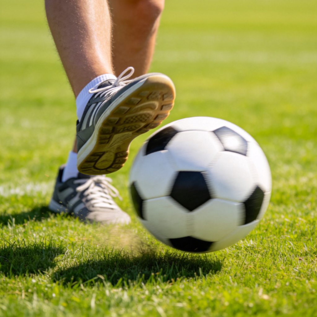 A person wearing sneakers, mid-action kicking a black and white soccer ball on a green grassy field. The foot is in contact with the ball, showing motion blur on the ball. Clear daylight, focus on the foot and ball. No other people or text in the image.