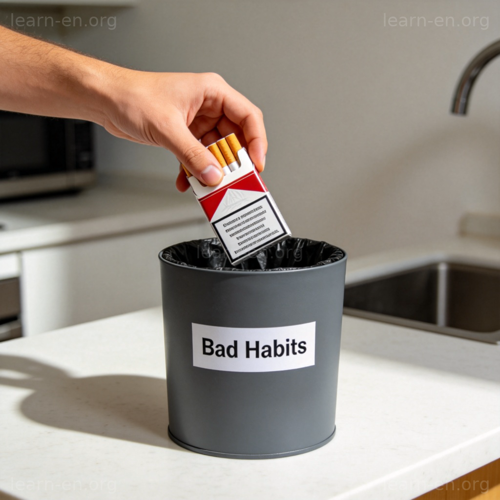 A person's hand decisively throwing a packet of cigarettes or a coffee cup into a trash bin labeled "Bad Habits". The background is a clean, simple kitchen counter. The action conveys determination. Natural light, sharp focus on the hand and the item being discarded. No text or faces shown.