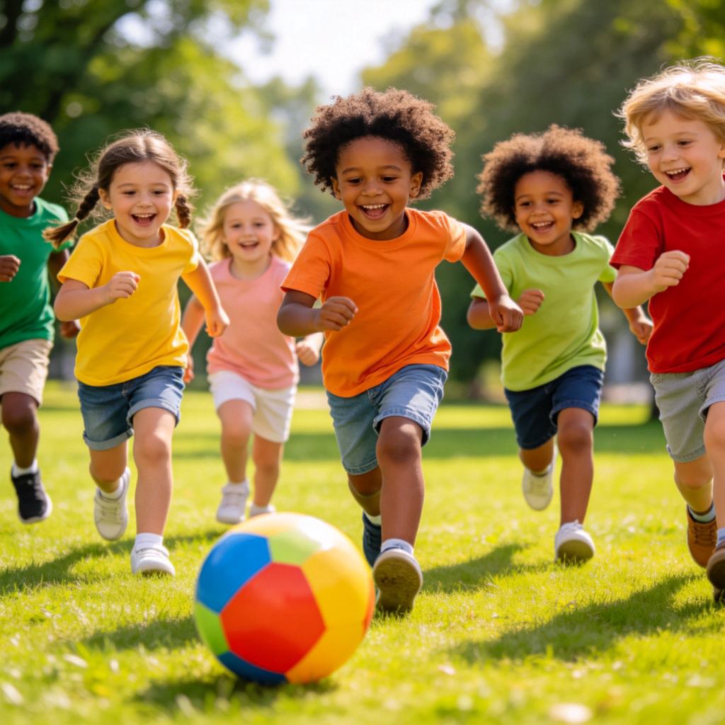 A group of diverse children, about 5-8 years old, laughing and chasing a colorful ball on a sunny green lawn. They are dressed in casual, bright clothes. Focus on their joyful expressions and dynamic movements. Clear daylight, realistic style. No text.