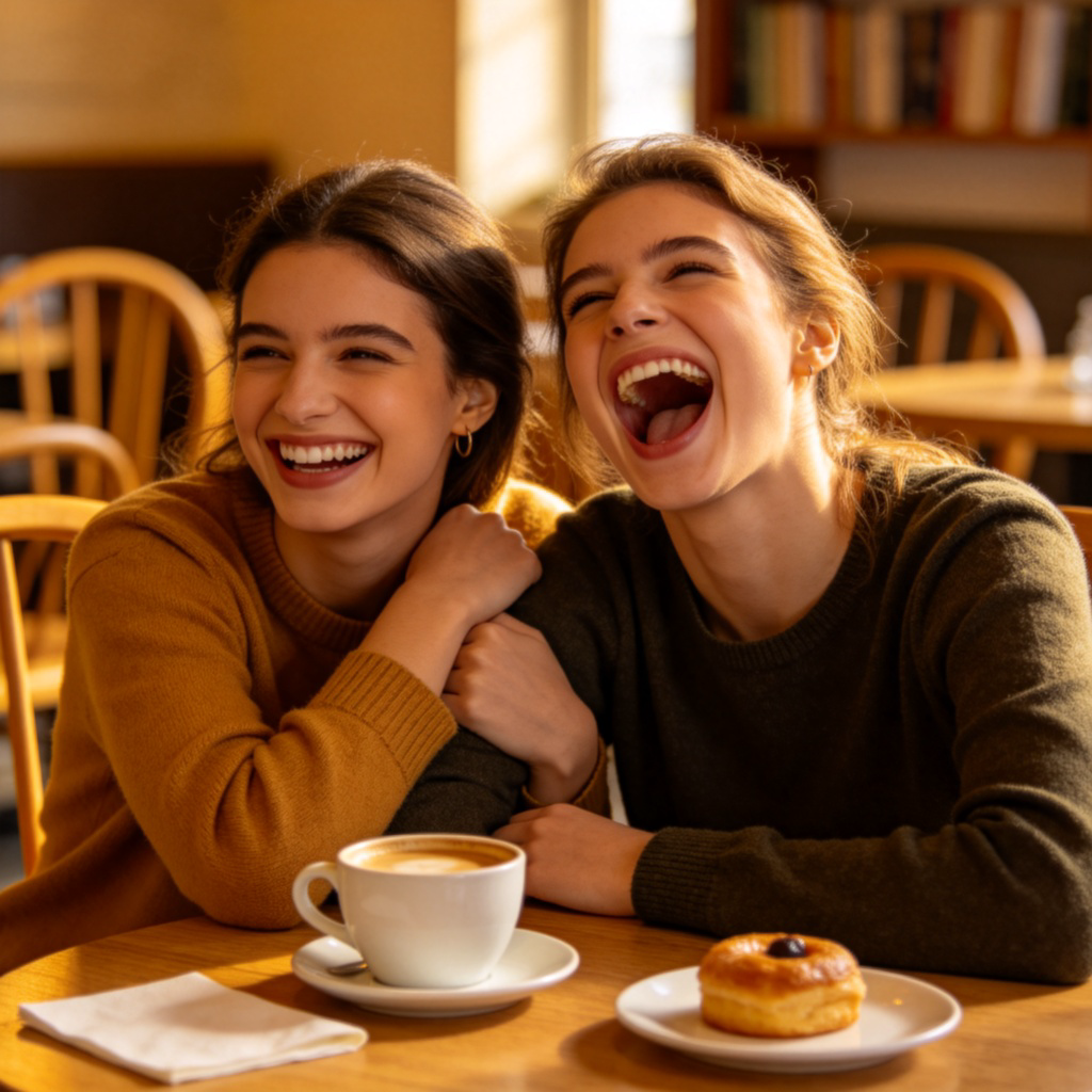 Two friends sitting at a cozy café table. One friend is smiling broadly and playfully nudging the other, whose mouth is open in mock surprise or laughter. Capturing a moment of light-hearted teasing between them. Warm lighting, realistic style. No text.