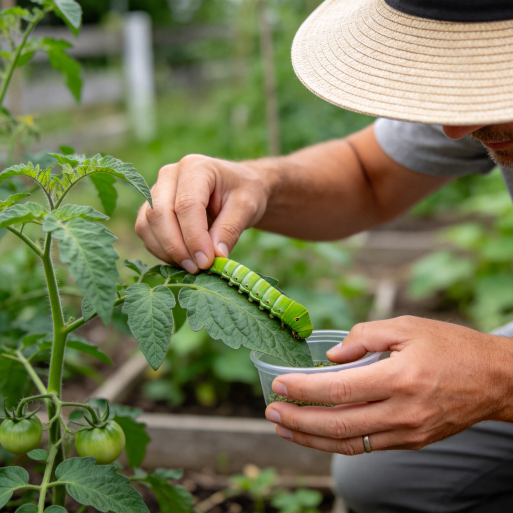 A gardener in a sun hat, carefully picking a large green caterpillar off a leaf of a tomato plant and placing it in a container. Soft daylight in a backyard garden, focus on the hands, leaf, and caterpillar. Neutral, educational tone. No text.