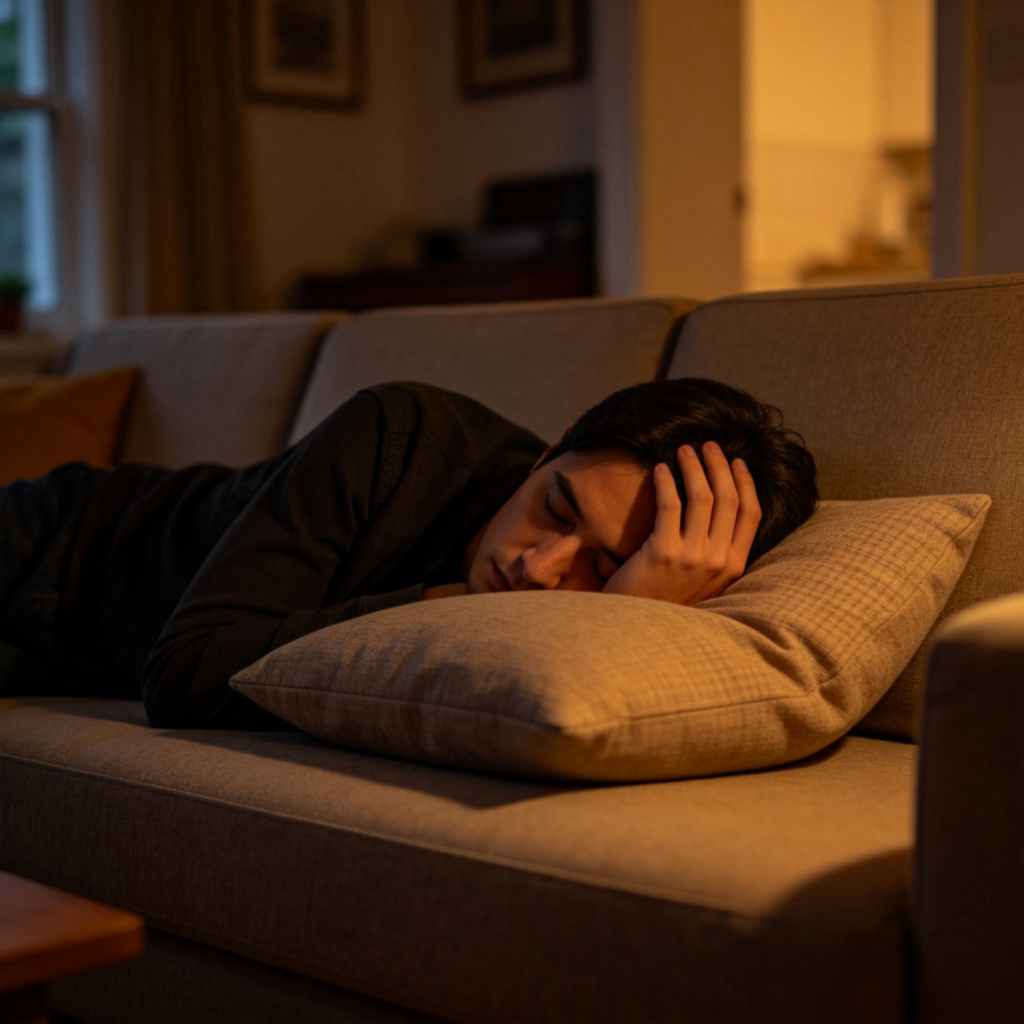A person slumped on a sofa at home, face buried in a cushion, looking completely exhausted. One hand is massaging their own temple. The room is tidy but dimly lit in the evening. Focus on the tired expression and posture. No text.