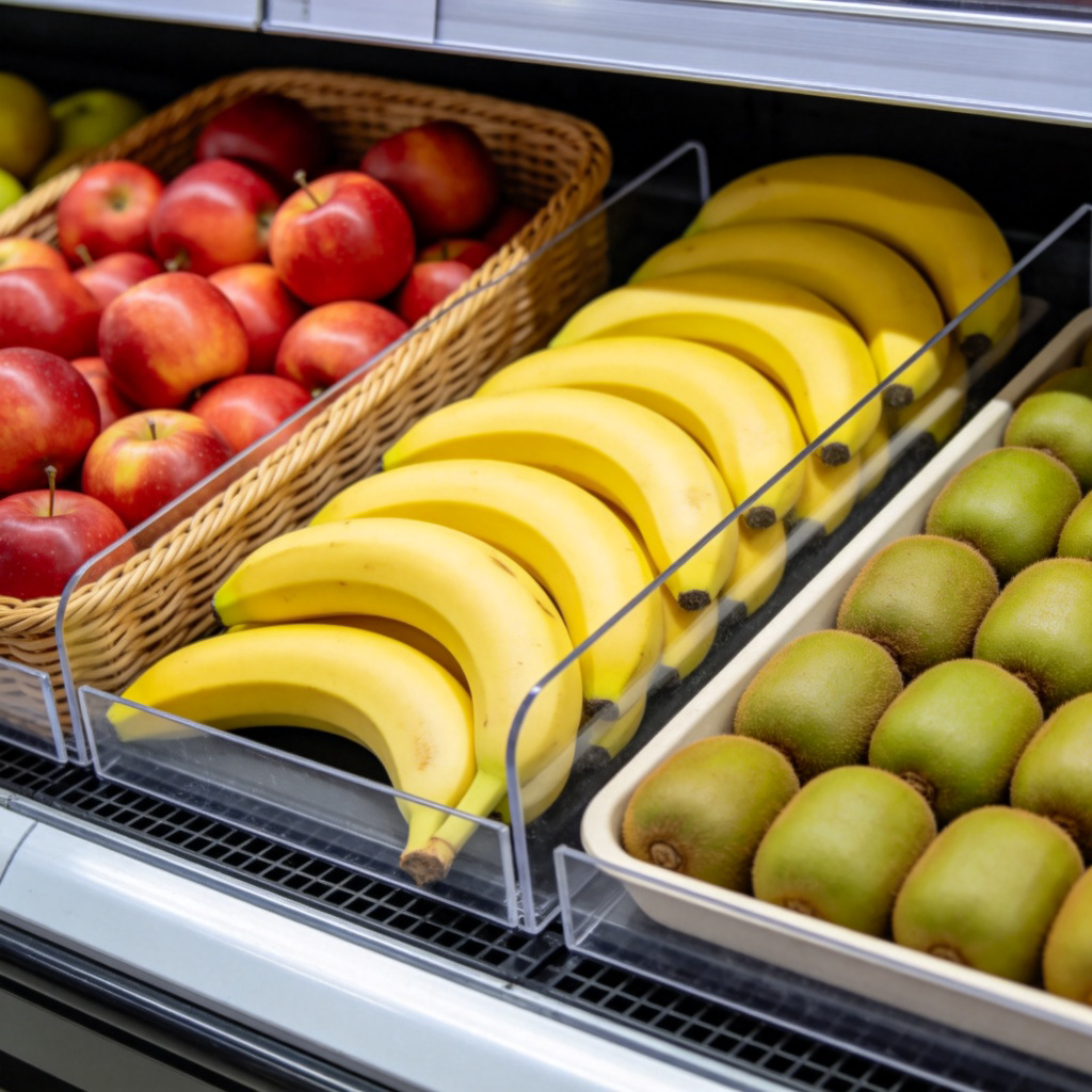 A neatly organized supermarket shelf with clear, labeled sections for three distinct kinds of food: red apples, yellow bananas, and green kiwi fruits. The different items are grouped separately in baskets or rows, highlighting their categories. Bright, clean lighting. No text.