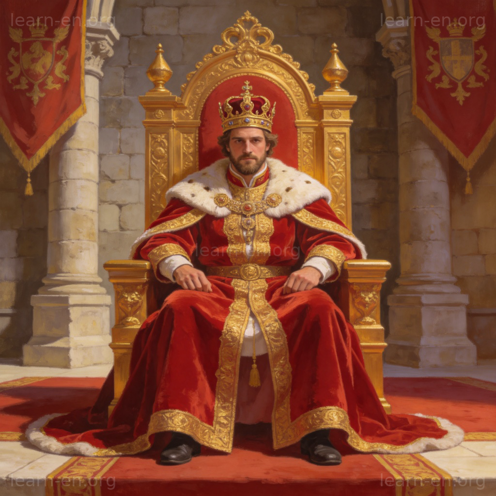 king 国王含义图解：头戴王冠身穿红袍的君主坐在王座上
