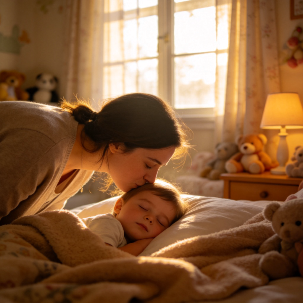 A loving mother is bending down to kiss the forehead of her young child, who is sleeping soundly in bed. Warm, soft morning light streams through a nearby window, illuminating the cozy bedroom. The focus is on the gentle connection between them. No text.