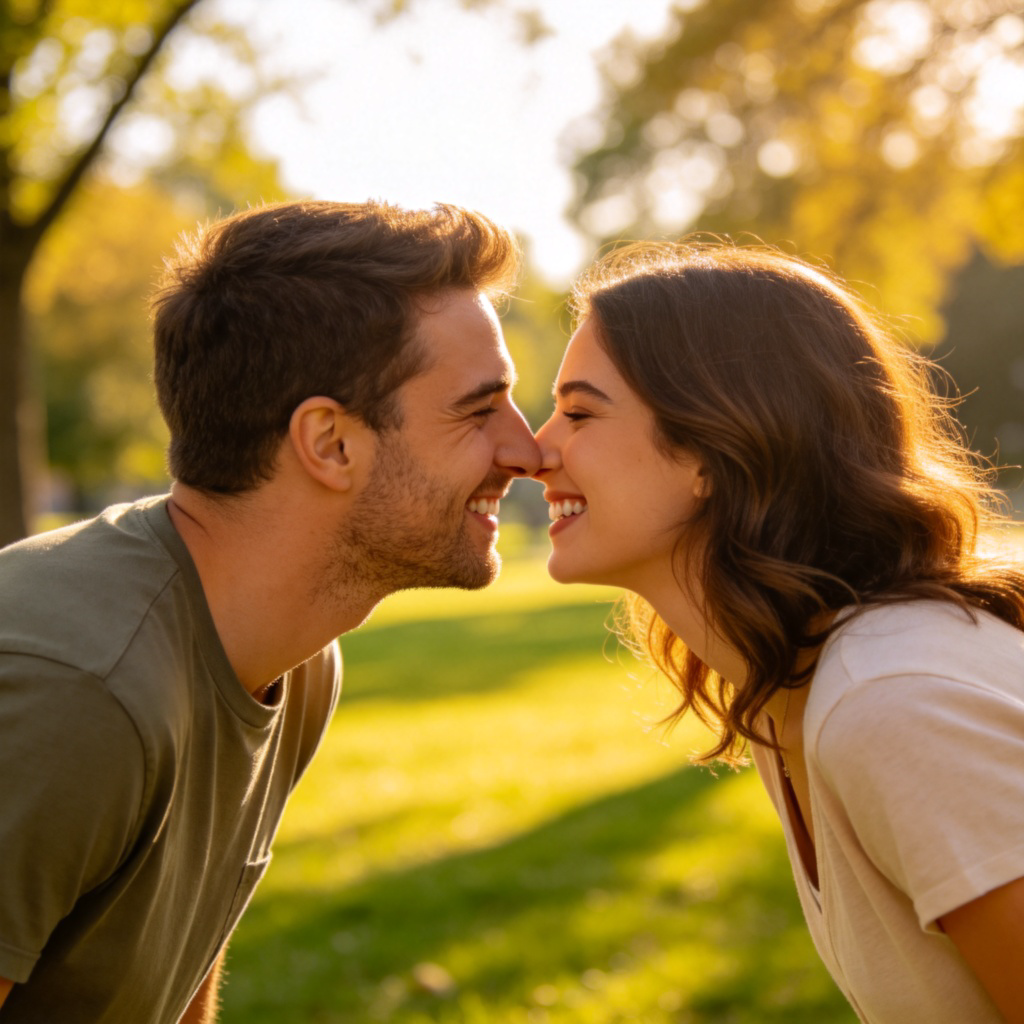 Two happy friends, a man and a woman, meeting outdoors. They are leaning in, with their cheeks lightly touching as they perform a friendly cheek kiss. They are both smiling broadly, dressed in casual clothes. The background is a sunny park. No text.