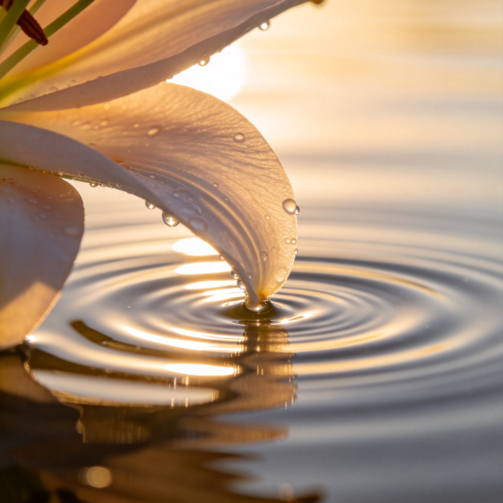 Close-up of a gentle breeze making the petals of a flower lightly kiss the surface of calm water. Sunlight sparkles on the water droplets. The focus is on the delicate point of contact between the soft petal and the water. No text.