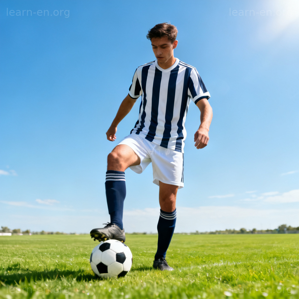 Kit as a sports uniform: a soccer player wearing a full jersey, shorts, and socks on a field.