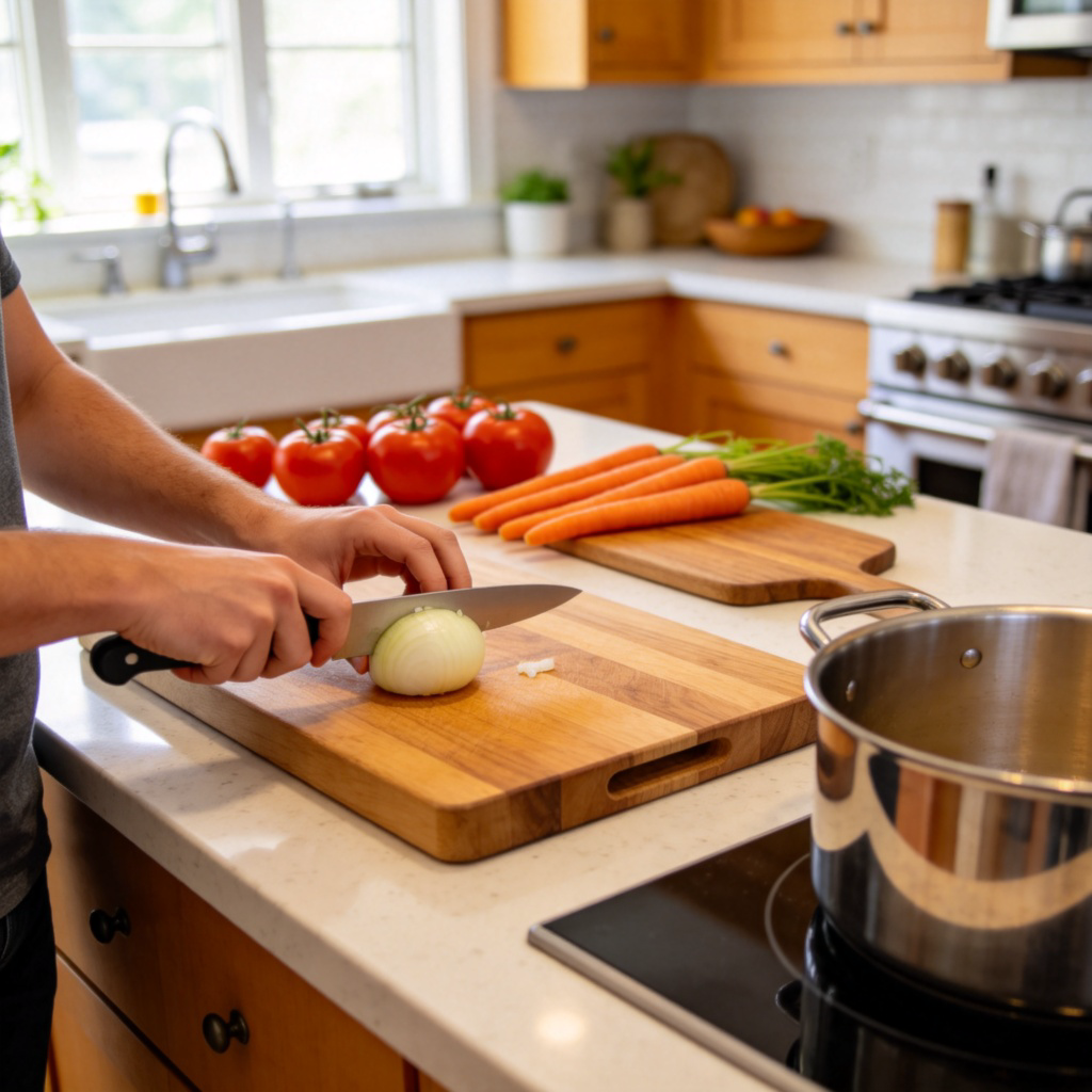 A modern, bright family kitchen with a central island. On the countertop, there are fresh vegetables like tomatoes and carrots next to a wooden cutting board and a pot. A person's hands are visible, chopping an onion. The scene is clean, well-lit with natural light from a window, and focused on the cooking area. No text or logos.