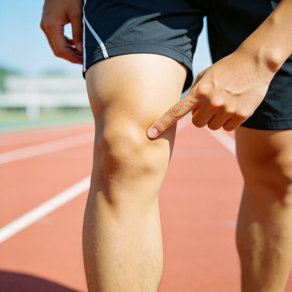 A close-up shot of a young Asian person's leg, wearing athletic shorts, pointing with a finger to the bent joint in the middle of their leg. The background is a simple outdoor track. Natural sunlight, clear focus on the knee joint to show its structure and function. No text.