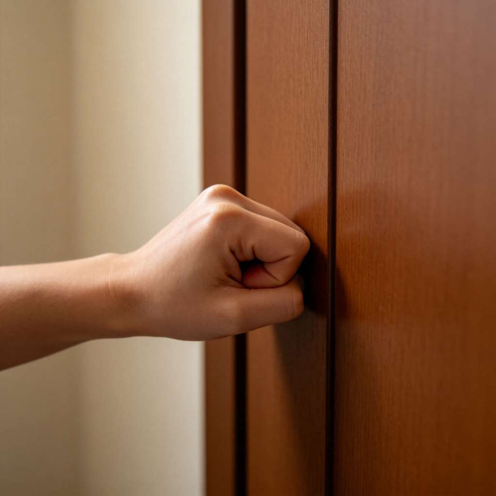 knock 动词图解：手部敲击木门的动作特写