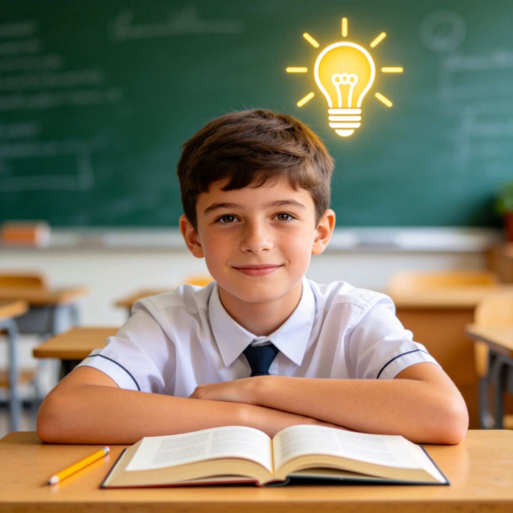 A student sitting at a desk, looking confidently at the camera, with a light bulb icon glowing just above their head. On the desk is an open textbook and a pencil. The background is a simple, blurred classroom. Bright and clear style.