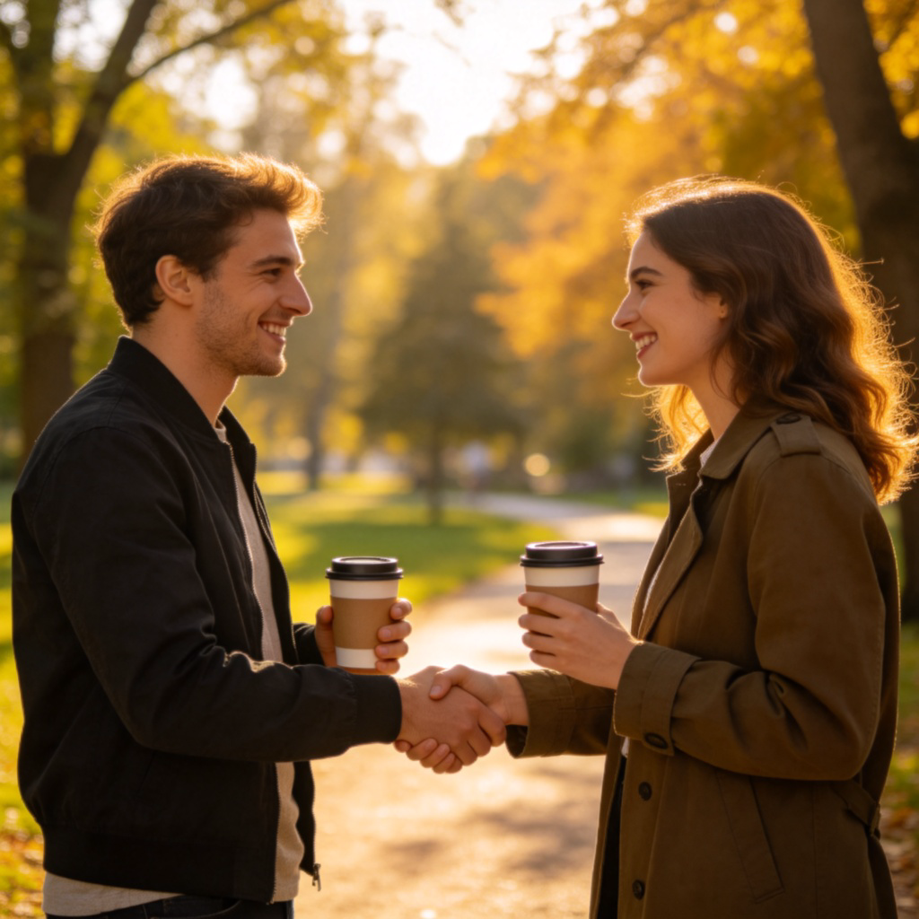 Two people smiling and shaking hands warmly in a sunny park. They are facing each other, showing friendly recognition. One person is holding a coffee cup. The background shows trees and a path, creating a casual social setting.