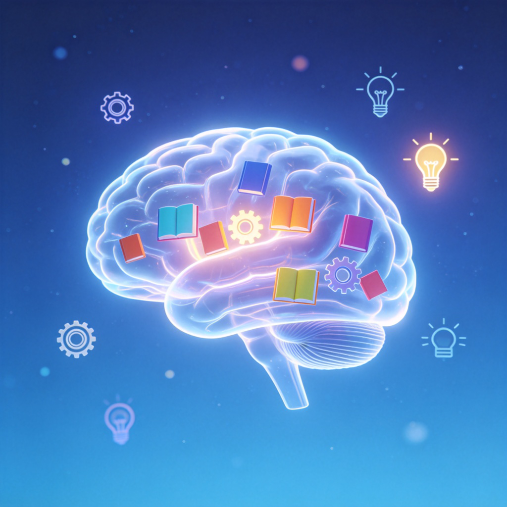 A human brain glowing from within, filled with miniature colorful books, gears, and light bulb symbols, floating in a calm blue space. The brain is the central focus, transparent to show the symbolic contents. Simple, clean background. No text.