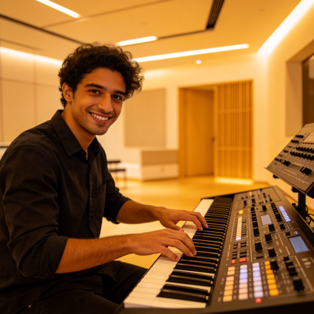 A person of diverse appearance smiling confidently while operating a complex-looking but clearly labeled control panel or musical instrument. Their hands are on the controls/keys, showing competence. Well-lit, modern environment in the background. No text.