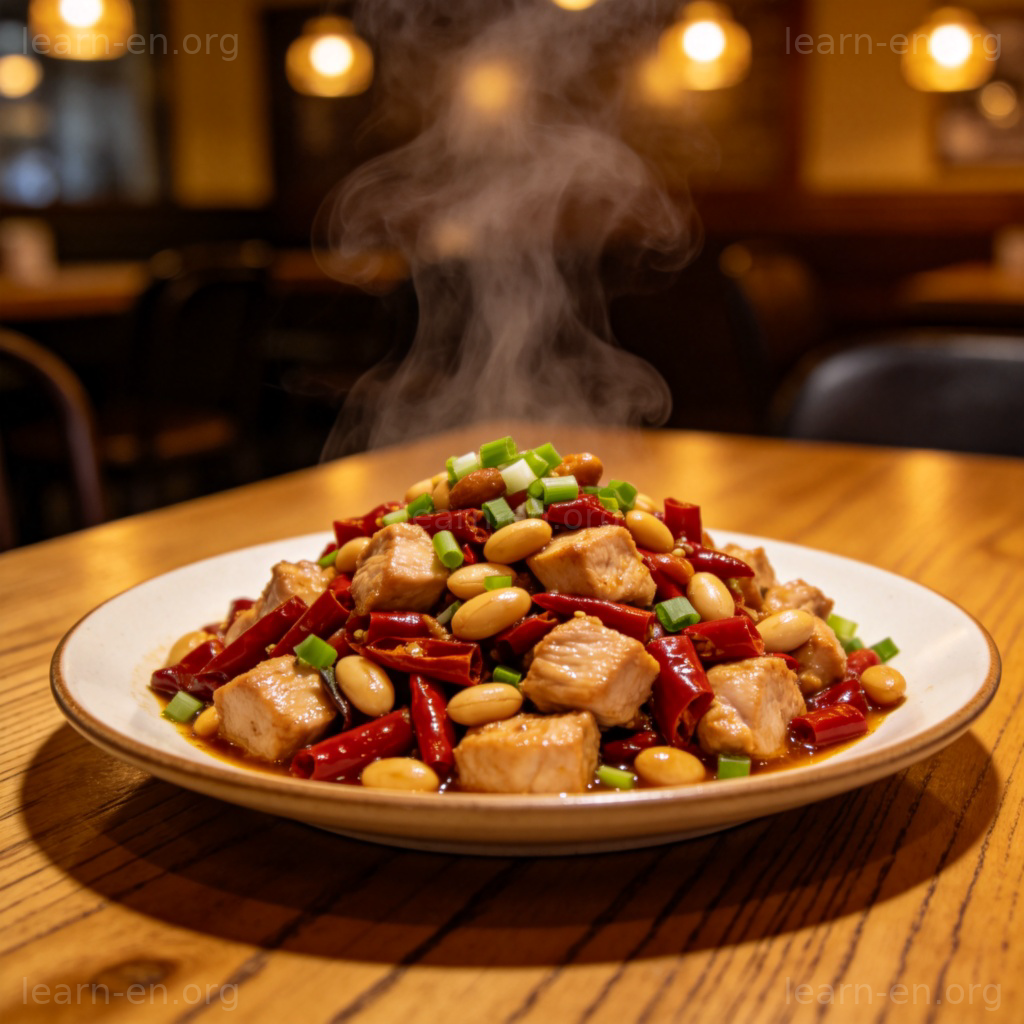 宫保鸡丁图解：木桌上盛有鸡丁、红辣椒、花生和葱段的经典川菜