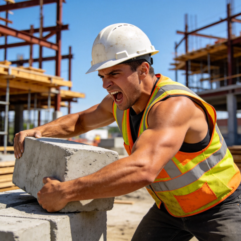 A construction worker, wearing a hard hat and a reflective vest, is lifting a heavy concrete block on a building site. He is clearly straining with effort, muscles tense. The background shows unfinished structures under a bright sky. Realistic style, focus on the action of lifting. No text or logos.