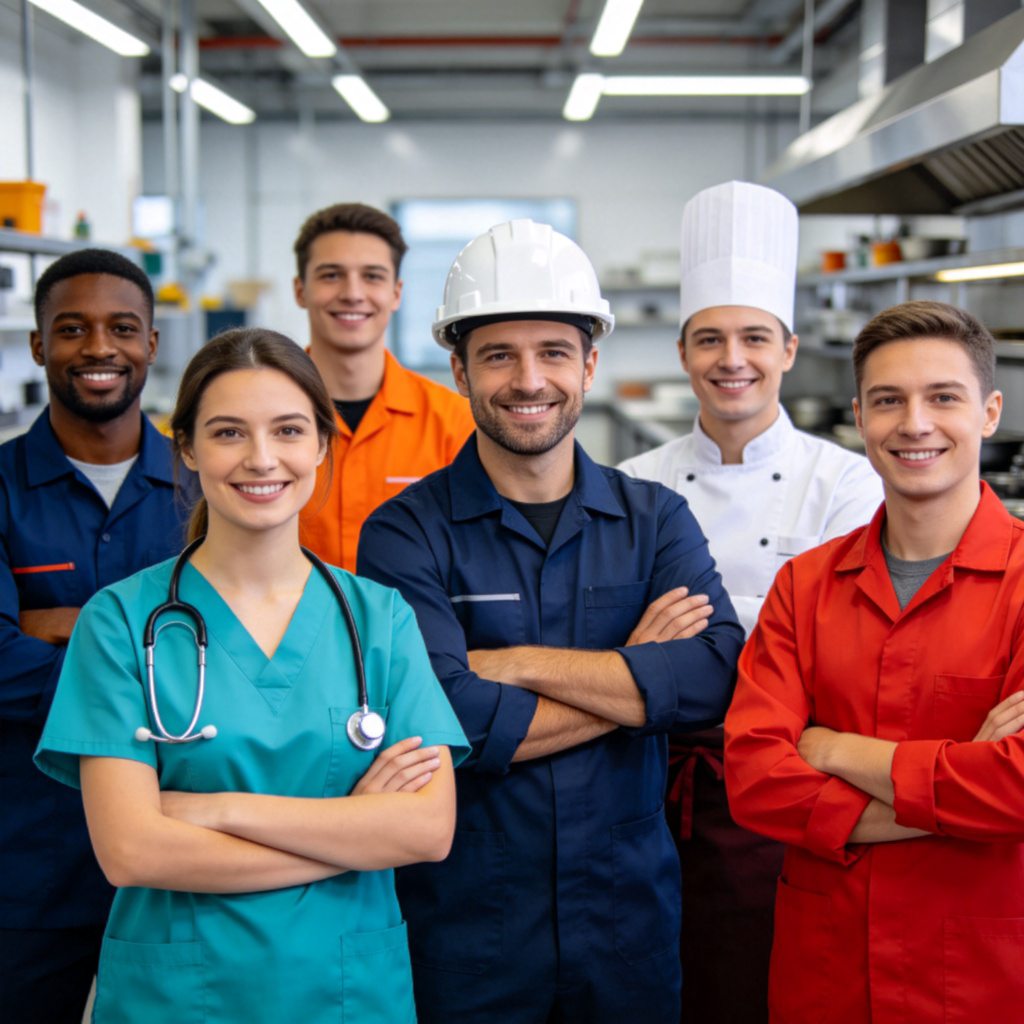 A group of diverse workers in different uniforms (e.g., a nurse in scrubs, an engineer with a helmet, a chef in a kitchen) standing together in a bright, clean modern workshop. They are smiling and looking at the camera, representing a team. The image is sharp, with a slightly blurred background to emphasize the group. No text.