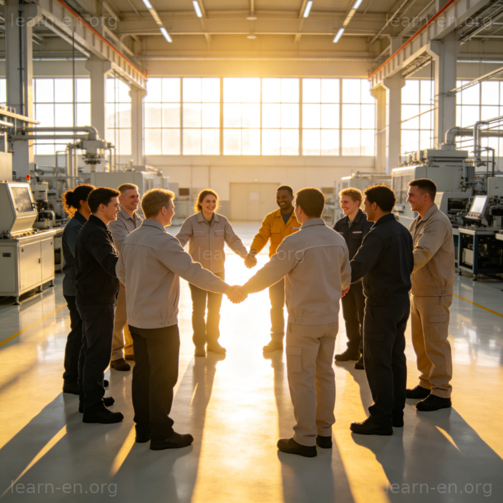 Diverse workers holding hands in a circle at factory, labor union unity