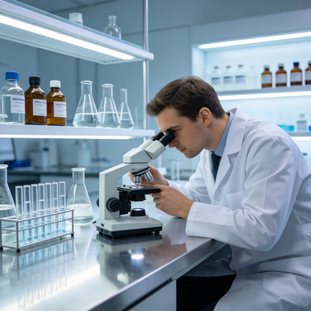 A bright, modern laboratory interior. A scientist in a white lab coat is using a microscope on a clean, stainless steel workbench. In the background, there are glass beakers, test tubes in a rack, and shelves with labeled chemical bottles. The lighting is even and clinical. No people's faces are clearly visible, focusing on the work and equipment. No text.