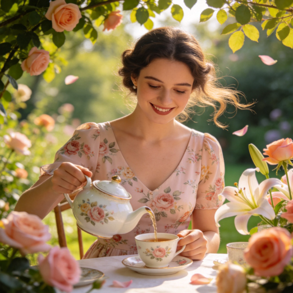 An elegant woman with a kind smile, dressed in a tasteful dress, gracefully pouring tea at a garden party. She is the focus, surrounded by soft light and flowers. The scene conveys calmness, politeness, and good manners. Realistic style, no text.