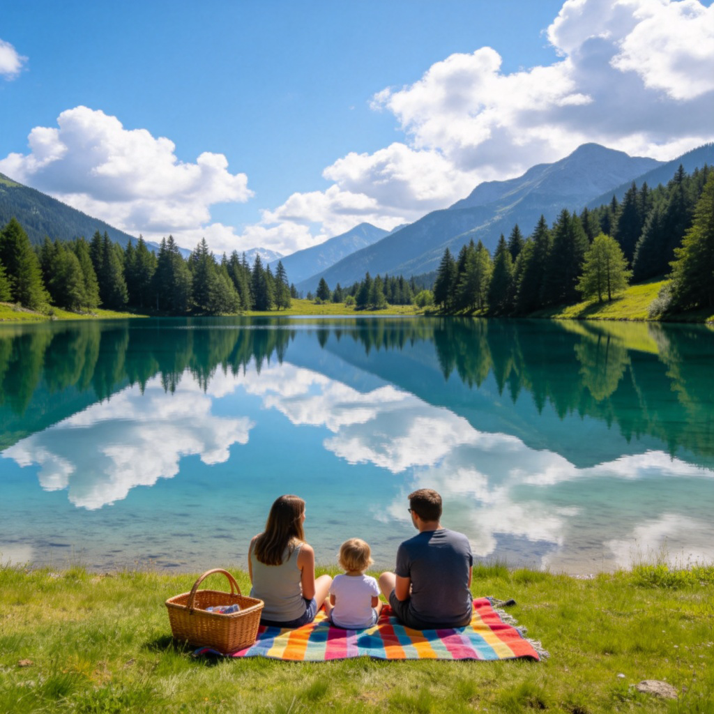 lake湖的图解：宁静湖泊被绿树群山环绕，家庭岸边野餐场景