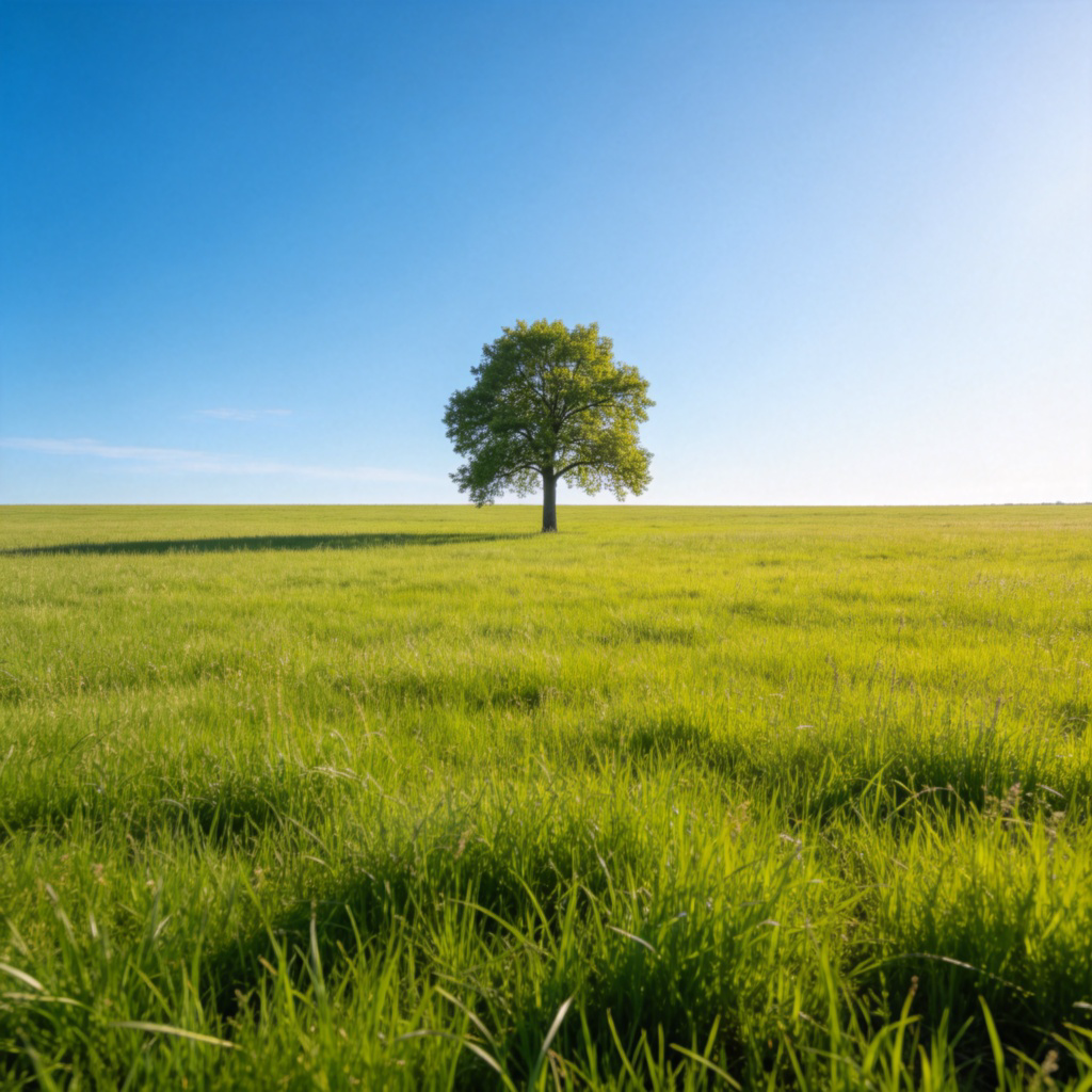 A wide, sunlit field of green grass under a blue sky, with a single, healthy tree in the middle distance. The focus is on the solid, expansive ground stretching to the horizon. Photorealistic style, clear and bright. No text.
