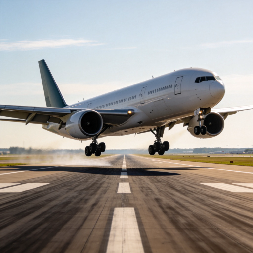 A large passenger airplane in the moment of landing, its wheels just about to touch the long, straight runway of an airport. The scene is viewed from the side, in daylight. Photorealistic, with clear focus on the plane's landing action. No text.
