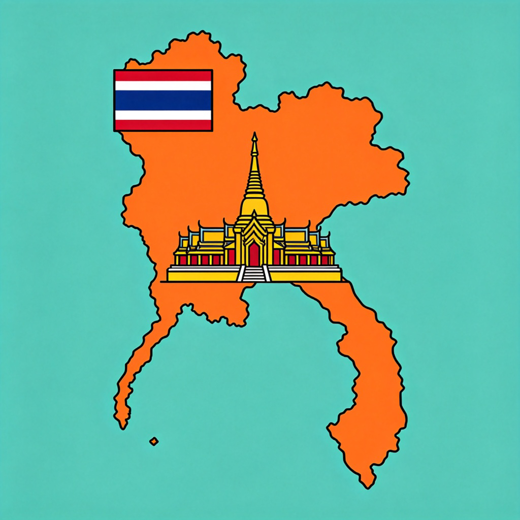 A stylized, colorful map showing the distinct borders of a single country, with its flag and a famous landmark (like a temple or a unique building) illustrated inside. The style is clear and illustrative, on a simple background. No text.